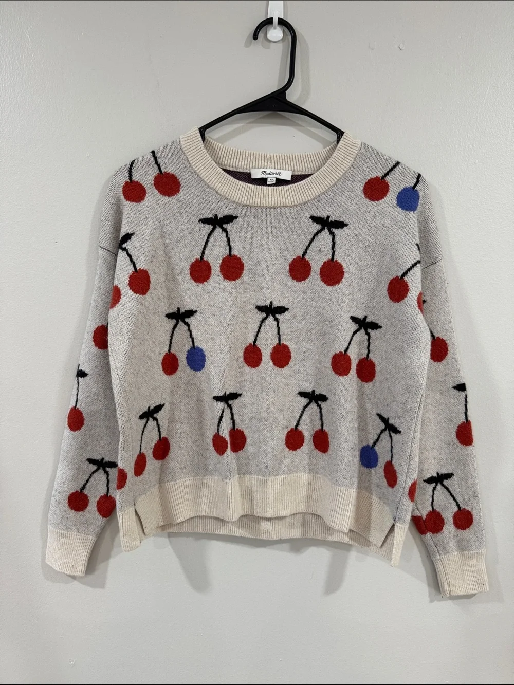 Madewell women’s Cherry jacquard Gray Crewneck pullover Sweater wool blend
